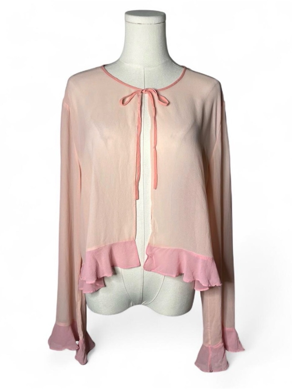 Y2K Vintage Victorias Secret Pink 100% Silk Ruffle Trim Tie Front Cardigan Top